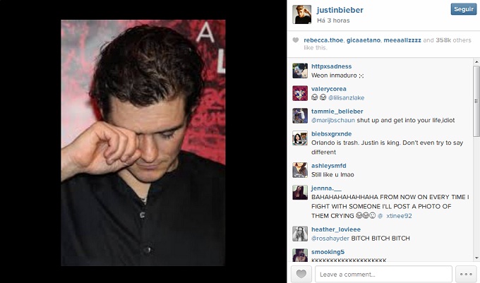 orlando cry Justin Bieber tira sarro e posta foto do Orlando Bloom chorando