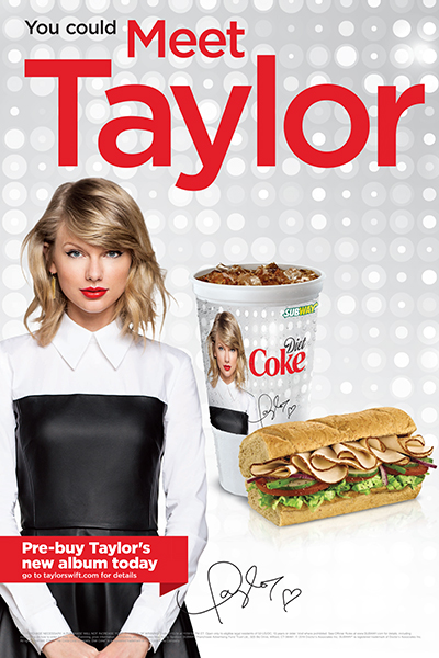 taylor-swift-subway-2014-billboard-400 Taylor Swift fecha parceria com lanchonete para levar fãs à turnê do álbum "1989"