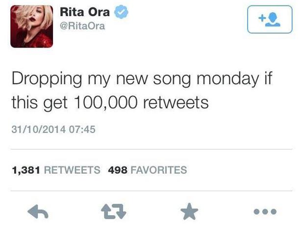 music-rita-ora-deleted-promotional-tweet Rita Ora twitta que lançará single novo se conseguir 100 mil RTs; mas não bomba, e apaga tweet
