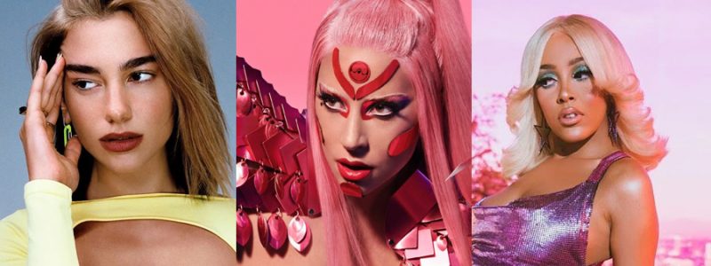 Dua Lipa, Lady Gaga e Doja Cat aparecem em montagem representando hits do pop atua