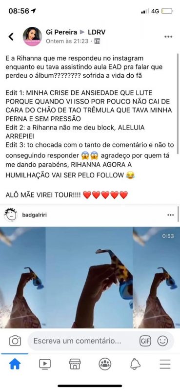 Fã brasileira celebra resposta de Rihanna ao seu comentário, questionando sobre o novo álbum