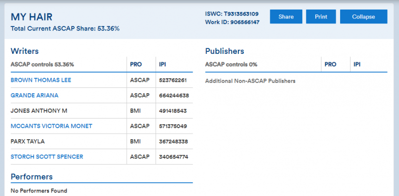 Ariana Grande My Hair nova música ASCAP registro