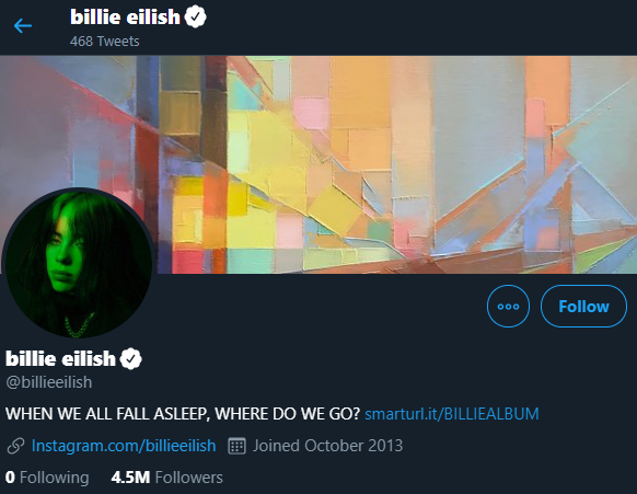 Billie Eilish deixa de seguir todo mundo no Twitter