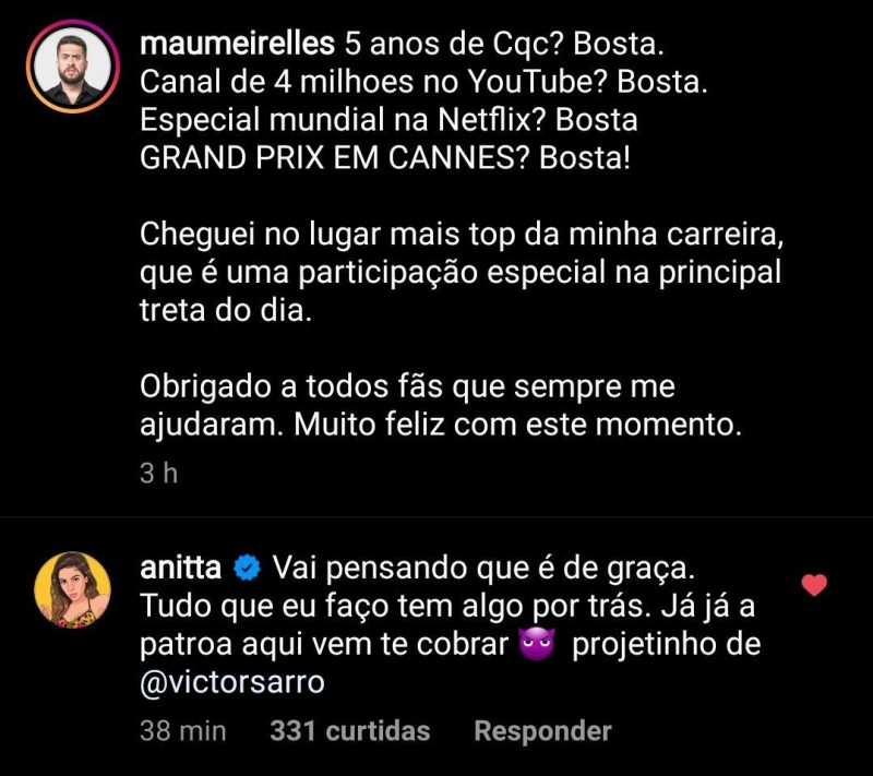 Anitta debocha de Ludmilla em comentário no Twitter do comediante Mauricio Meirelles