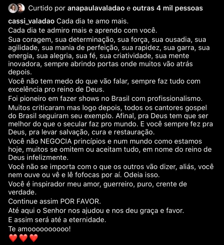 Esposa do cantor André Valadão defende o músico após ele dizer que igreja não é lugar para gays. Foto: Instagram