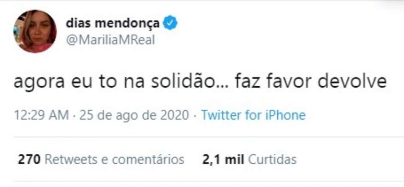 Na sofrência, Marília Mendonça desabafa: "Queria ser a Anitta hoje". Foto: Twitter