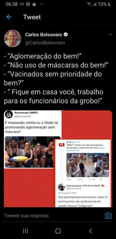 Carlos Bolsonaro critica "BBB", dá RT em tweet sem noção e apaga