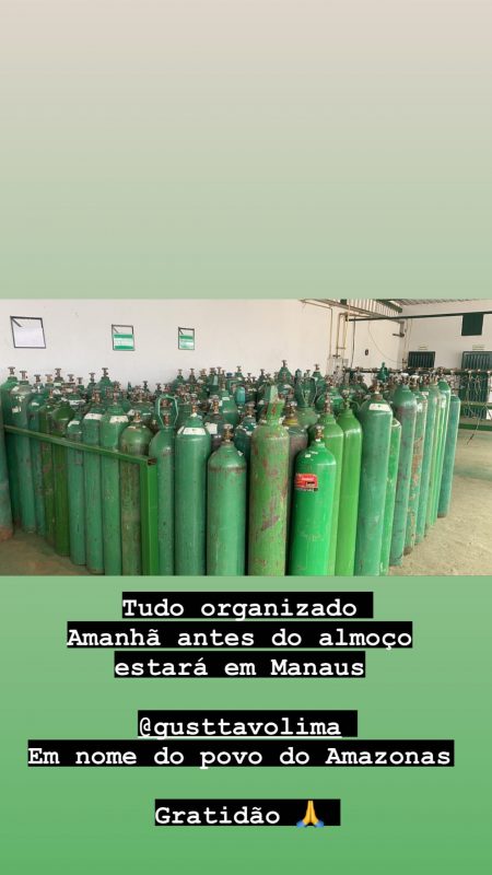 Cilindros de oxigênio comprados por Gusttavo Lima chegam a Manaus no sábado 
