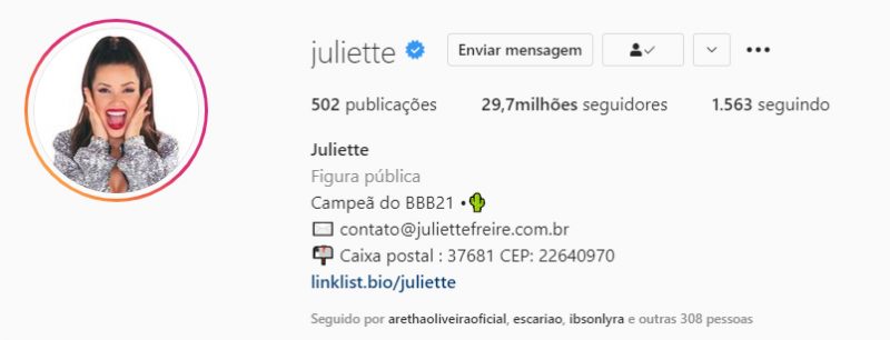 Juliette supera Sabrina Sato e se torna ex-BBB mais seguida no Instagram