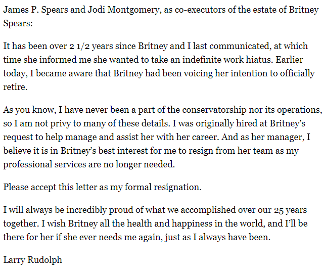 Carta de renúncia Larry Rudolph Britney Spears