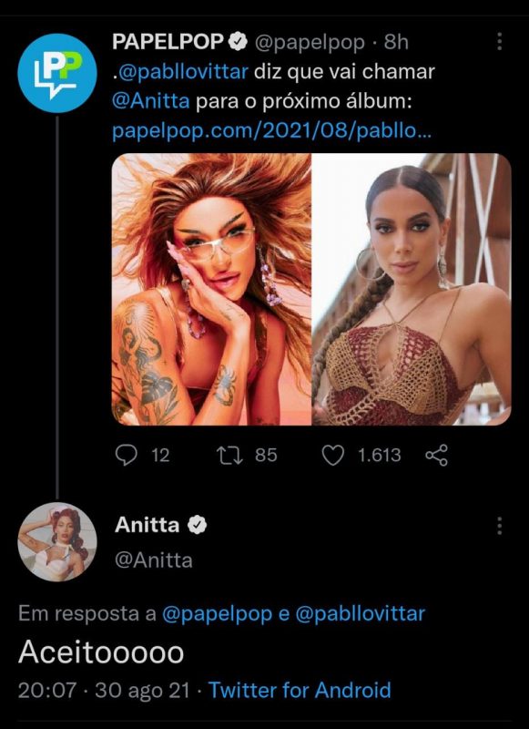 Anitta aceita convite de Pabllo Vittar para nova parceria musical