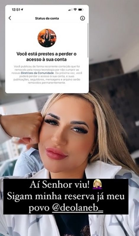 Instagram ameaça desativar conta de Deolane Bezerra outra vez