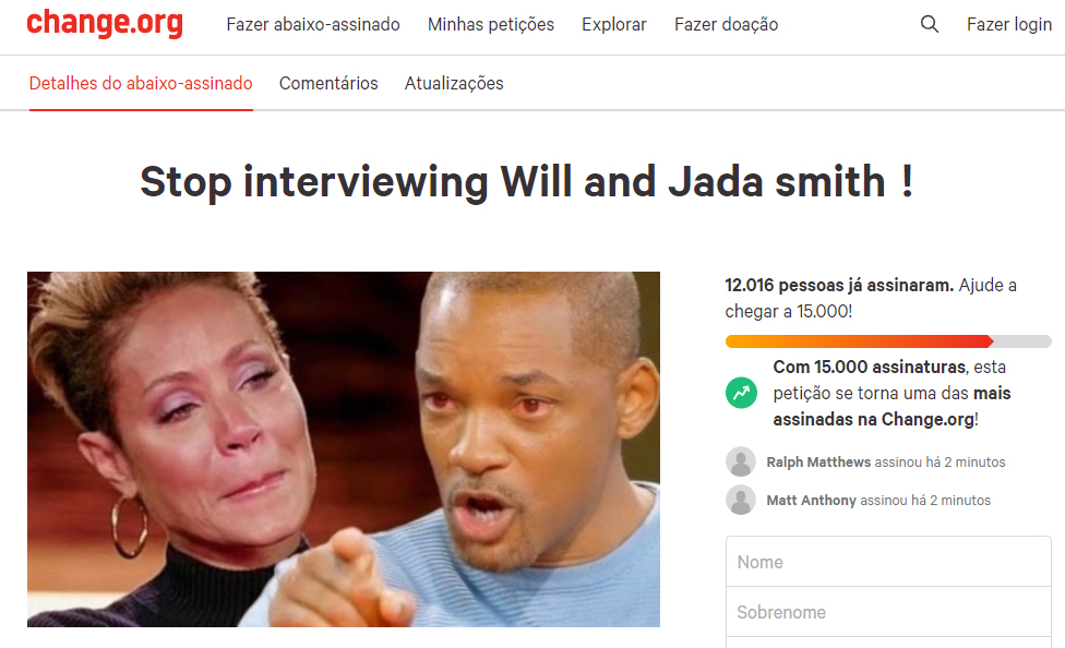 Petição pede fim de entrevistas com Will Smith e Jada Pinkett Smith