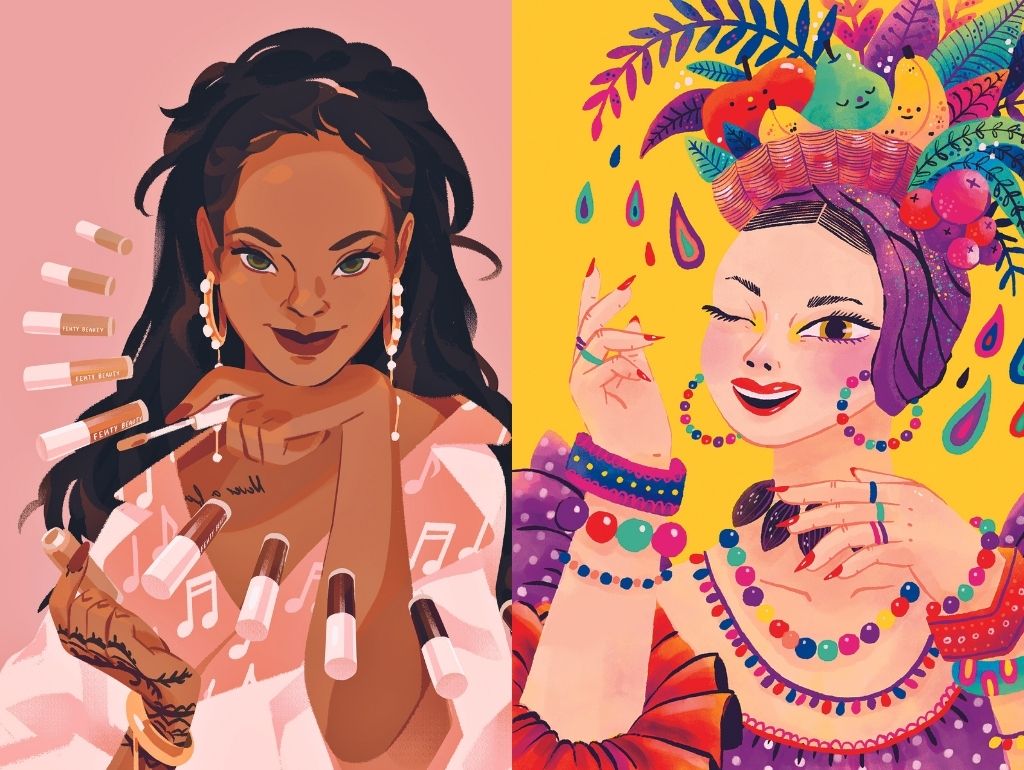 Ilustrações de Rihanna e Carmen Miranda no livro "Histórias de Ninar para Garotas Rebeldes" | Foto: Divulgação/editora Planeta