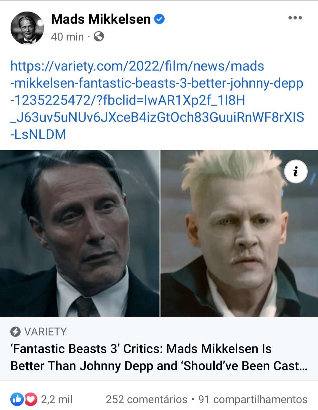 "Animais Fantásticos": Mads Mikkelsen compartilha matéria apontando-o como "melhor que Johnny Depp"