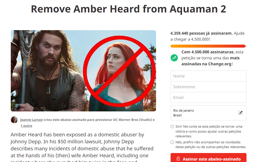 "Aquaman 2": petição contra Amber Heard tem mais de 4 milhões de assinaturas