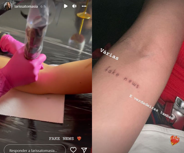 Gente? Ex-BBB Larissa tatua 'fake news' em seu braço; veja!