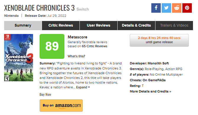 Xenoblade Chronicles 3 estreia no Metacritic entre os 15 melhores