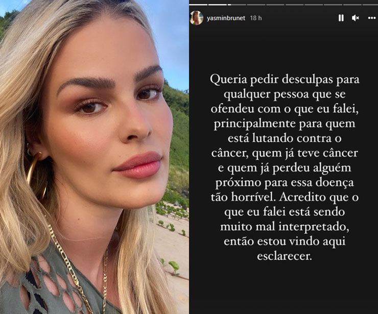 Yasmin Brunet se desculpa após declaração polêmica sobre câncer