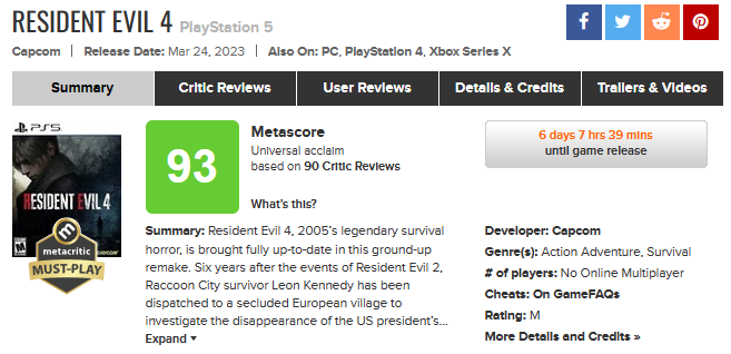 Resident Evil 4 Remake Metacritic