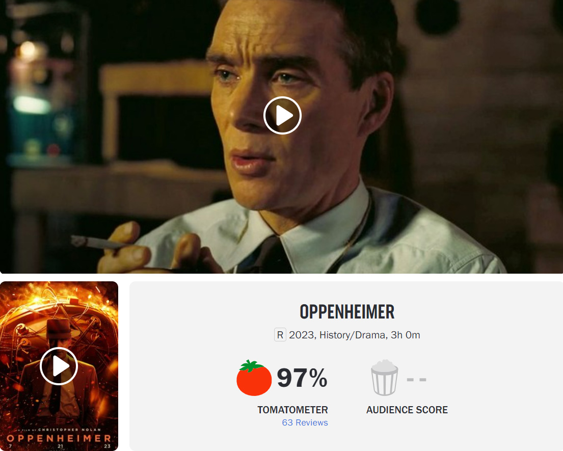 "Oppenheimer" estreia com 97% de aprovação dos críticos