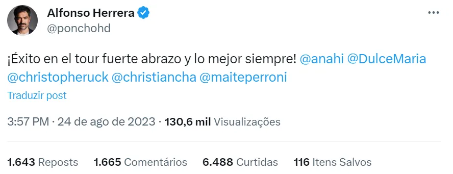 Poncho envia mensagem ao RBD na véspera da estreia da turnê: veja