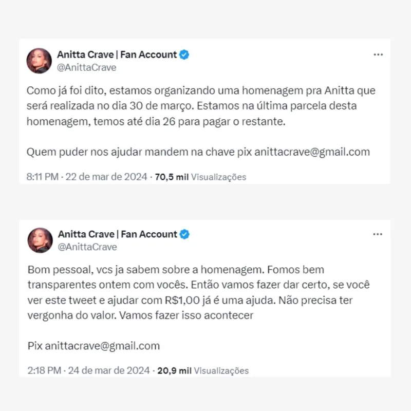 Tweets do @AnittaCrave sobre a homenagem à Anitta no Cristo Redentor.