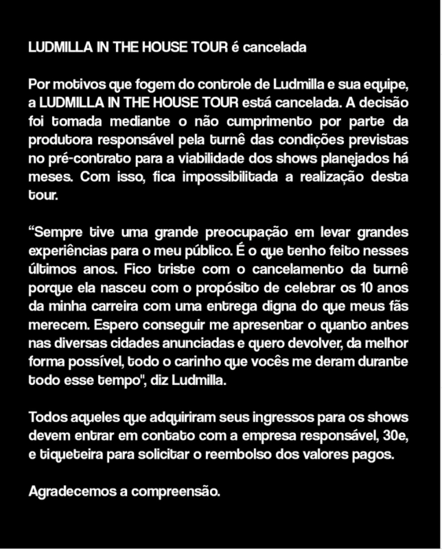 Comunicado feito por Ludmilla sobre o cancelamento da turnê "Ludmilla in The House Tour"