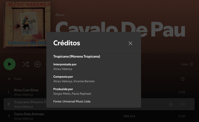 Créditos da obra musical "Morena Tropicana", interpretada por Alceu Valença, presente no Spotify.