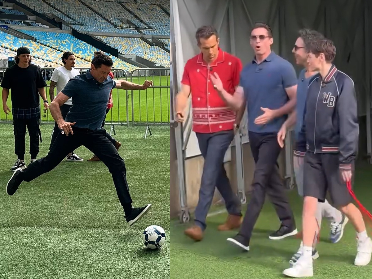 Hugh Jackman e Ryan Reynolds jogam bola no estádio Maracanã