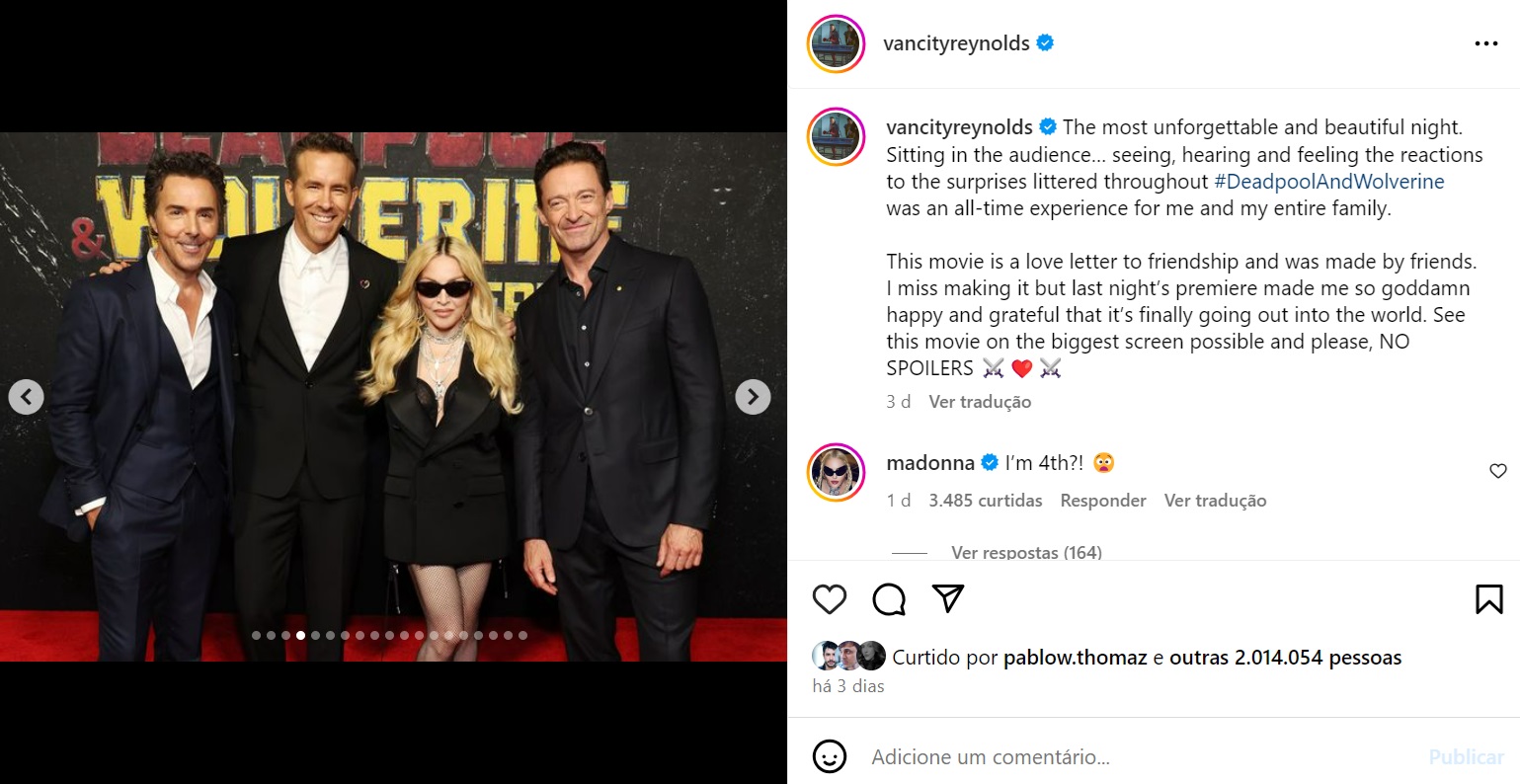 Madonna faz reclamação com Ryan Reynolds após estreia de "Deadpool & Wolverine"