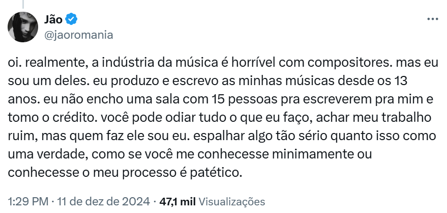 Jão rebate insinuação de que usa 'ghostwriters' em suas músicas: "patético"