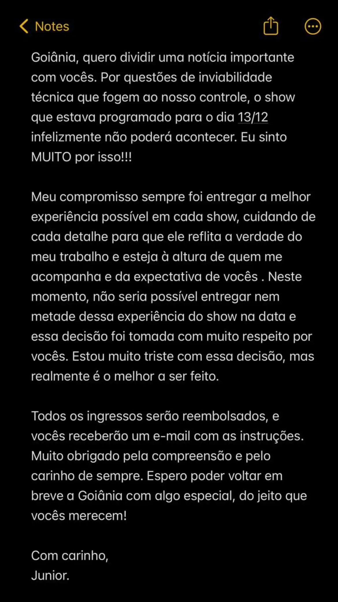 Junior cancela show em Goiânia: "sinto MUITO por isso"