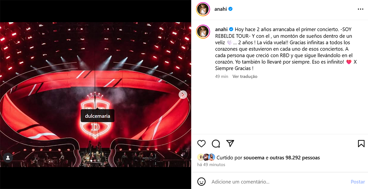 Anahí faz post comemorativo da "Soy Rebelde Tour" e marca só Dulce María