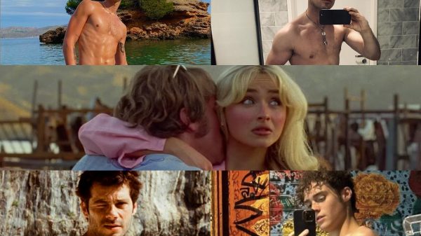 Sabrina Carpenter acena para Shawn Mendes, Barry Keoghan, Joshua Bassett e Dylan O'Brien em música