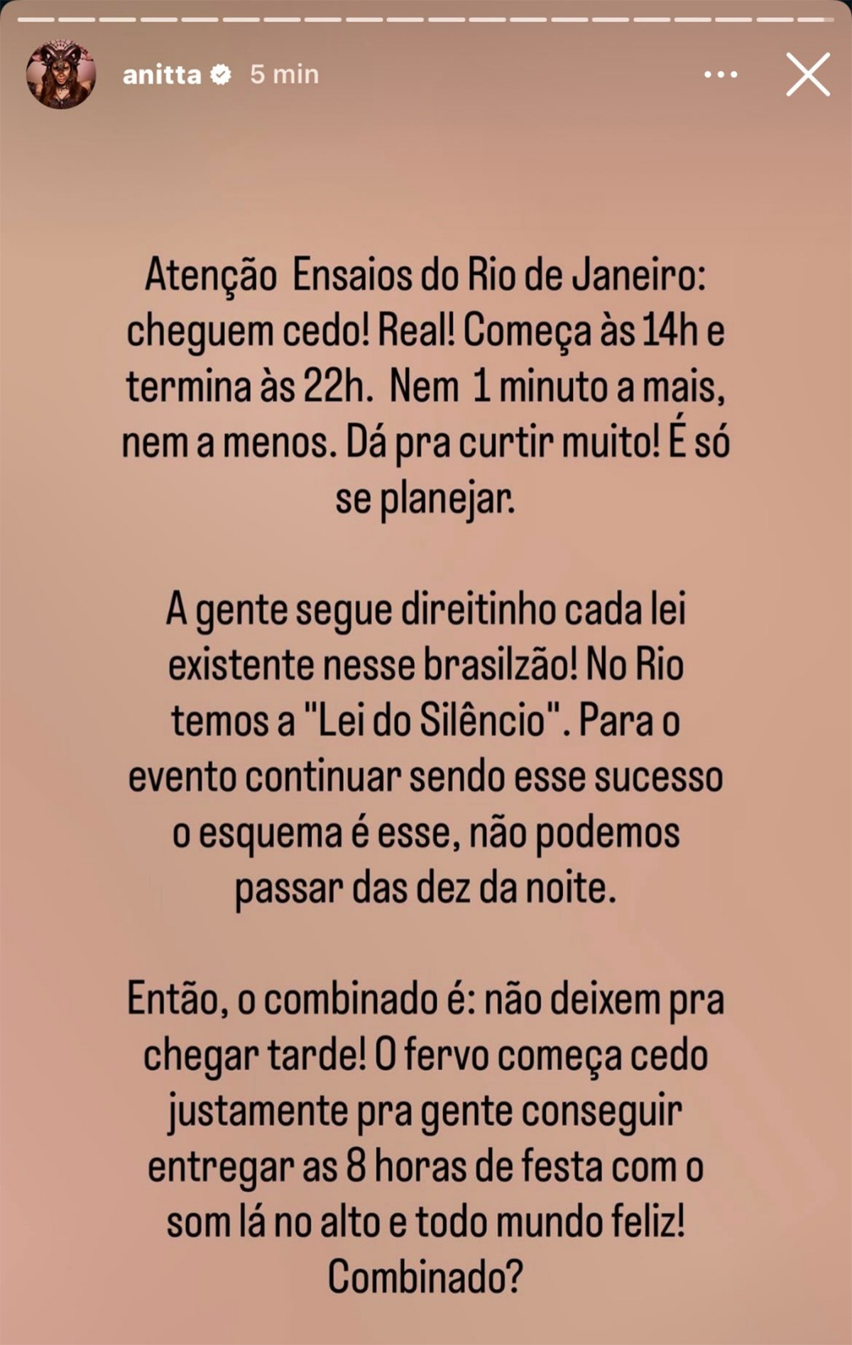 "Ensaios da Anitta" no Rio começa e termina cedo: cantora explica motivo