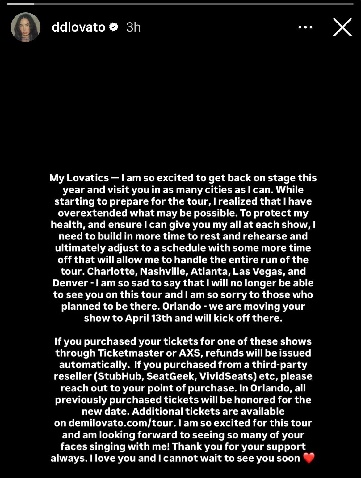 Demi Lovato cancela cinco datas de sua próxima turnê por motivos de saúde.