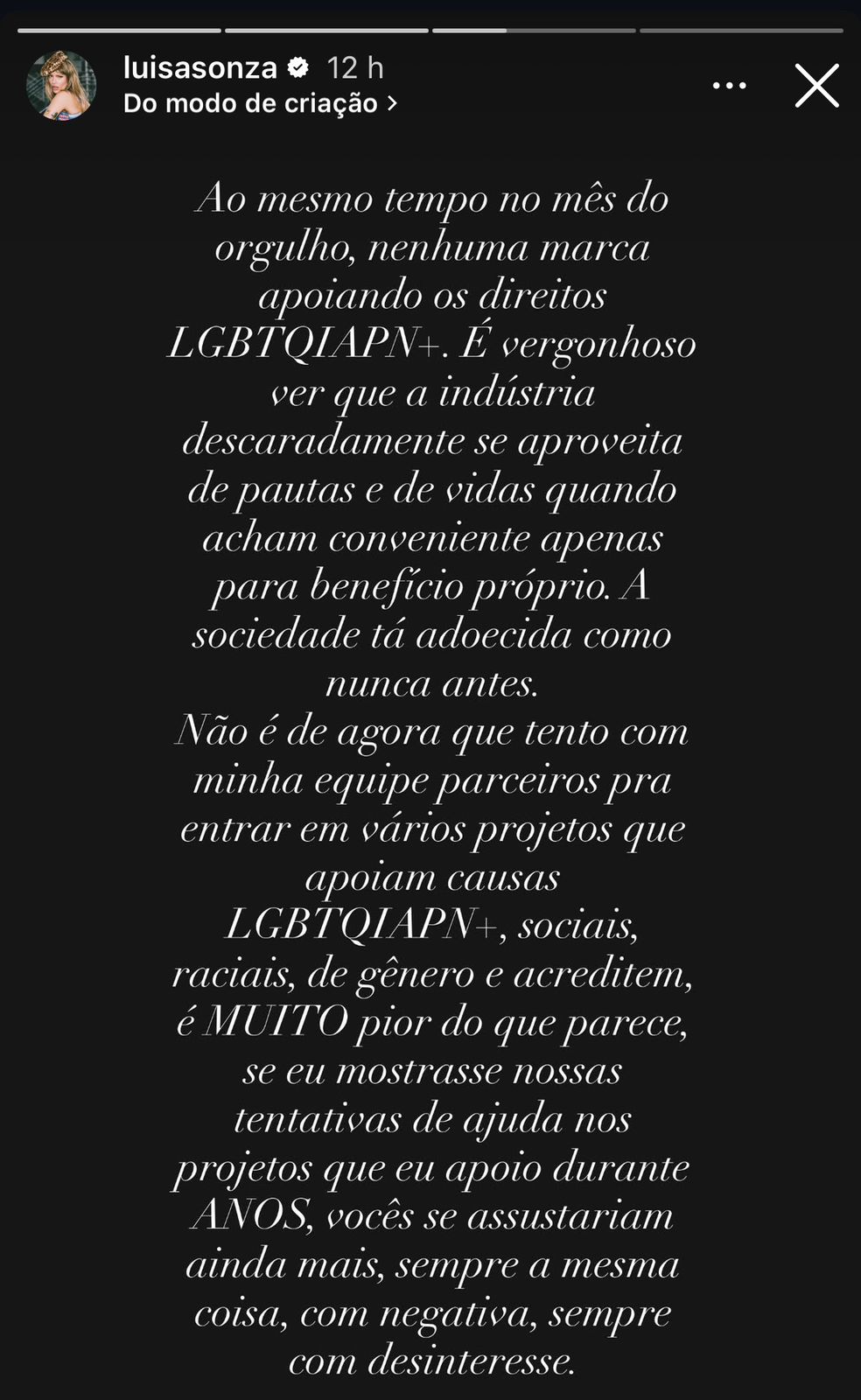 "Nenhuma marca apoiando direitos LGBTQIAPN+", denuncia Luisa Sonza